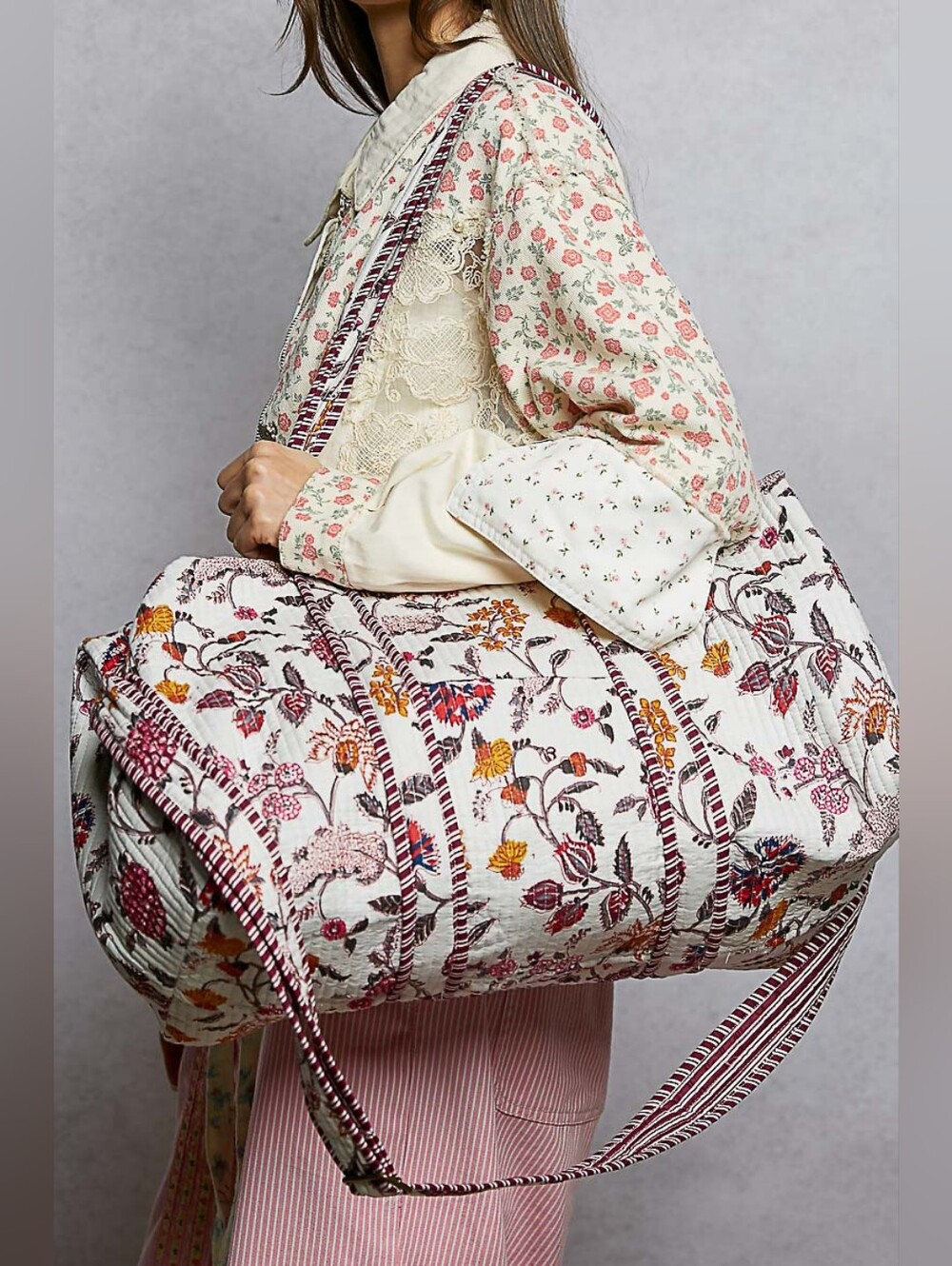 POL Weekender Duffle Bag - Cream with Pink & Yellow Accents - Quilted Cotton